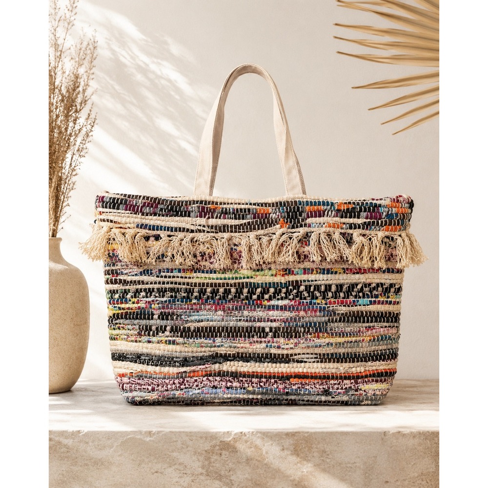 NWT Raj Handwoven Fringe Tote Bag Boho Artisan Beach Market Multicolor Woven